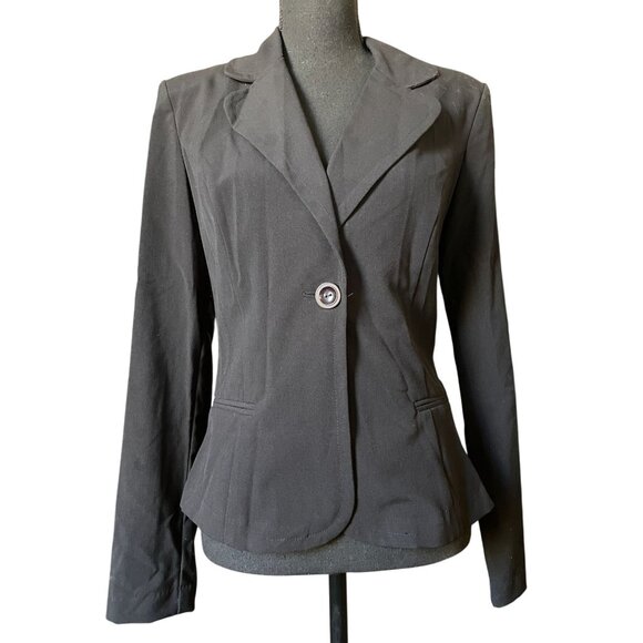 90's black stretch blazer Medium Y2K wide lapel single button - Picture 1 of 8